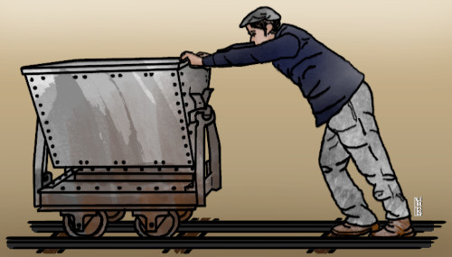 briquetier poussant un wagonnet Decauville - dessin de MJCO